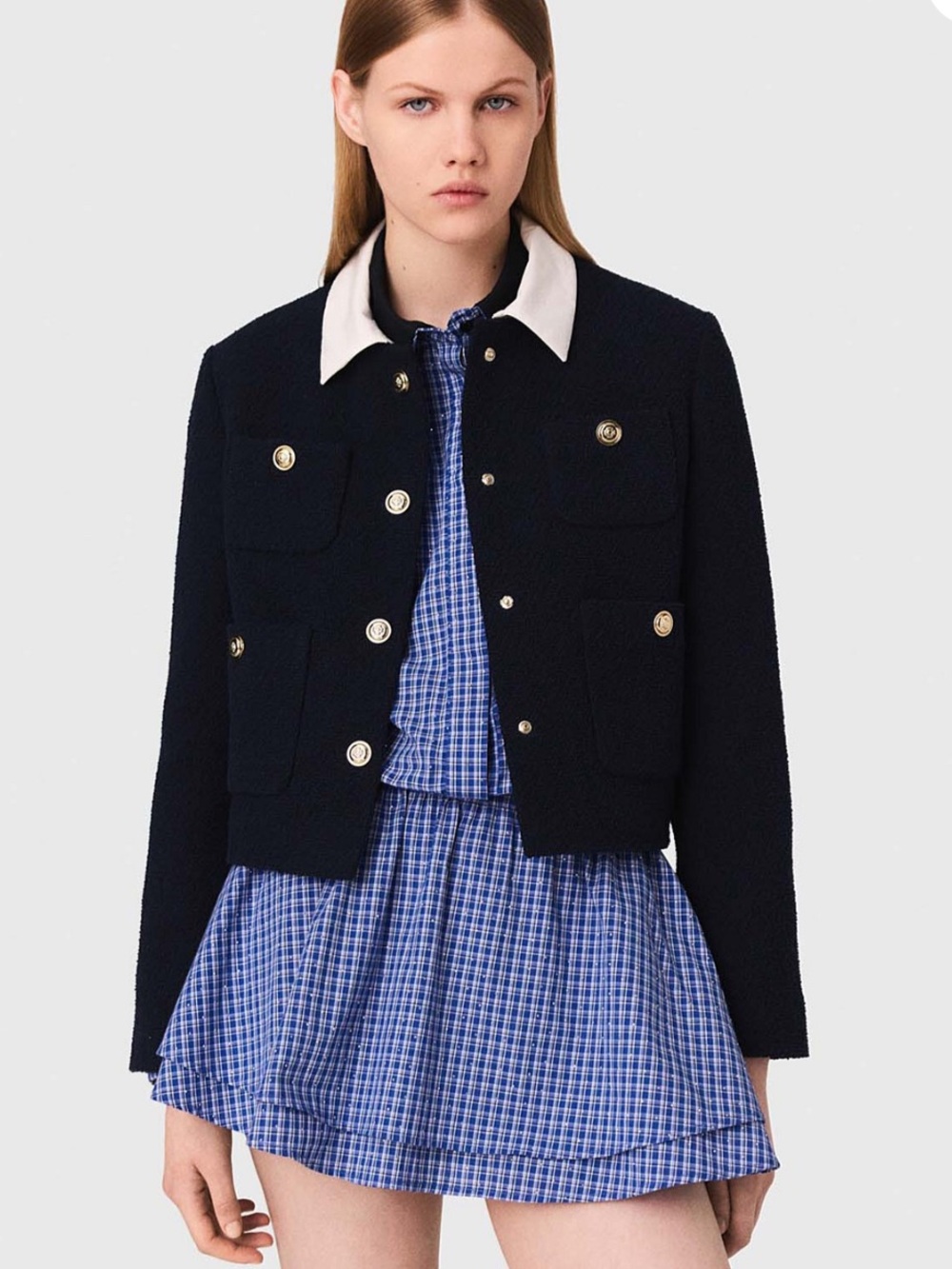 Maje VONDINE Cropped Navy Tweed Jacket—missing top button snap (extra included)